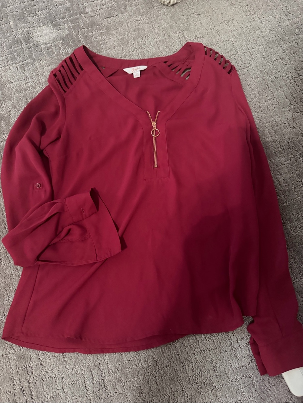 Women's Burgundy V-Neck Zip Front Cold-Shoulder Blouse
